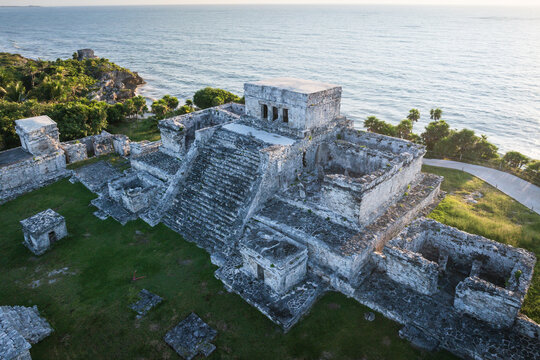 Aerial view of the natural scenery along the coast of the Mayan ruins in Tulum, Mexico
