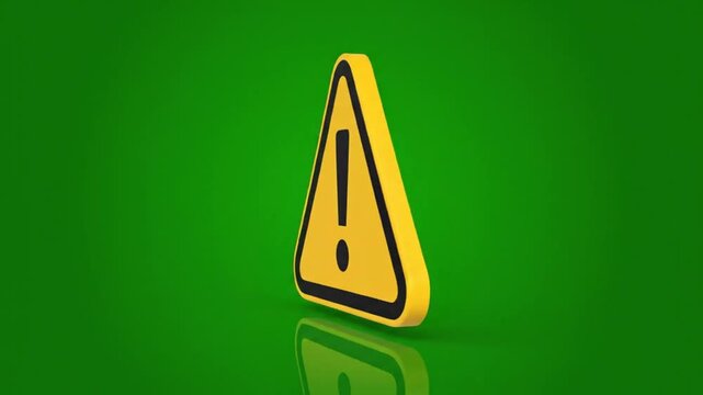 Warning sign with exclamation point, danger symbol graphic on green background, shiny 3d alert