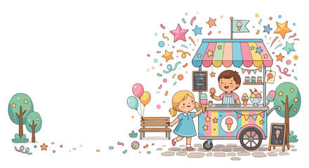 Fototapeta premium A cheerful vector illustration shows a young boy serving ice cream to a girl from a colorful cart amidst floating stars, balloons, and confetti.