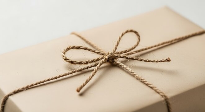 A wrapped gift with a brown twine bow