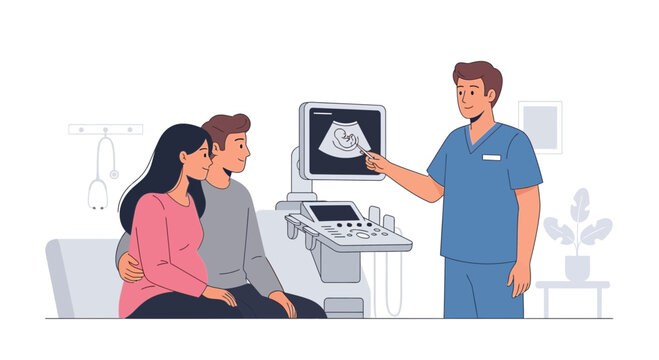 Doctor shows ultrasound image to expectant parents, pregnancy healthcare concept