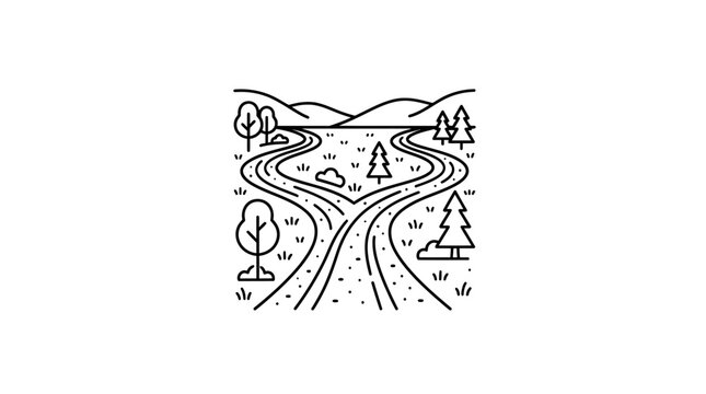 A hand drawn line art illustration of a road splitting into two paths in a forest.