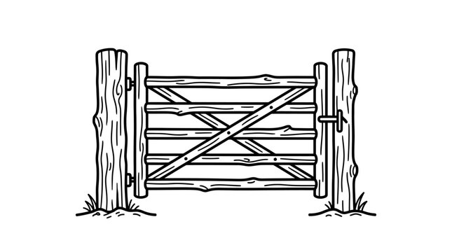 Hand drawn illustration of a rustic wooden farm gate between two posts.