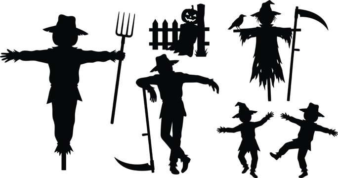 Halloween scarecrow characters with props illustration