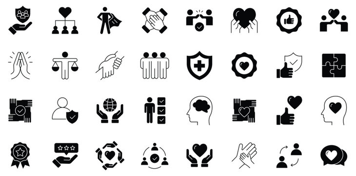 Core values icon set, 32 black solid vector symbols for business ethics and company culture, corporate social responsibility and teamwork icons