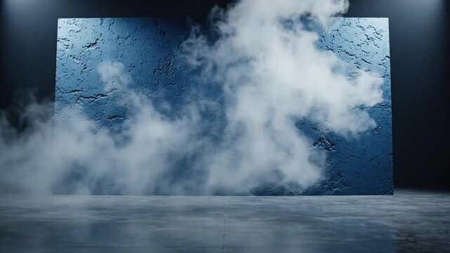 Abstract moody environment with a cloud of white smoke against a textured blue wall in a dark studio