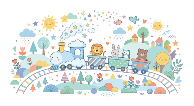 A cheerful vector illustration of a cartoon train with cute animals traveling through a colorful, whimsical landscape under two smiling suns.