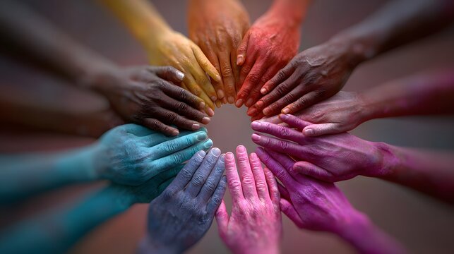Diverse hands painted in rainbow colors arranged in a circle for unity