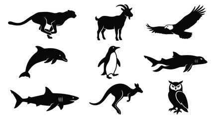 Fototapeta premium Black Animal Silhouette Vector Collection Featuring Nine Unique Designs Including Eagle, Dolphin, Penguin, Cheetah, Kangaroo, Squirrel, Shark, and Goats for Creative and Educational Projects