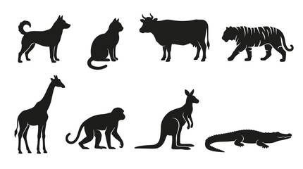 Obraz premium Black Animal Silhouette Vector Collection Featuring Eight Unique Designs Including Dog, Cat, Cow, Tiger, Giraffe, Monkey, Kangaroo, and Crocodile for Creative and Educational Projects