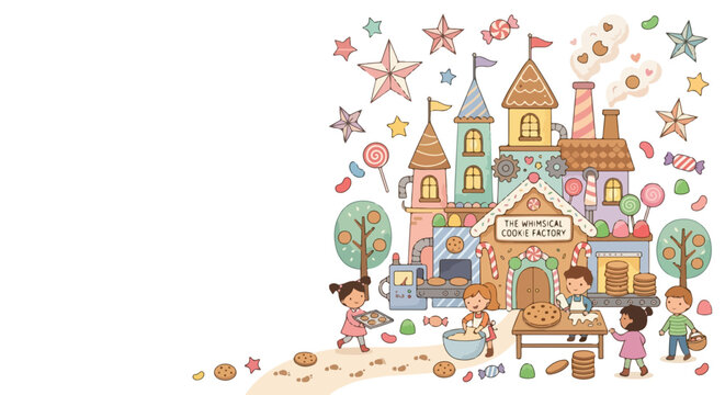 A whimsical cookie factory where children are happily baking treats in a magical, candy-filled landscape under a starry sky.