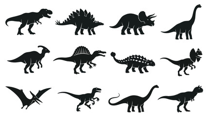 Black Dinosaur Silhouette Vector Collection Featuring Twelve Unique Prehistoric Species Including Tyrannosaurus, Stegosaurus, Triceratops, Brachiosaurus, Velociraptor, and Pteranodon for Creative  © Stockify