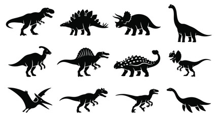 Black Dinosaur Silhouette Vector Collection Featuring Twelve Unique Prehistoric Species Including Tyrannosaurus, Stegosaurus, Triceratops, Brachiosaurus, Velociraptor, and Pteranodon for Creative  © Stockify