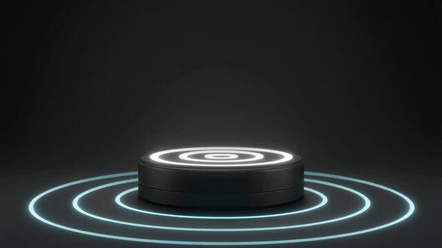 Glowing blue circles emanating from a sleek black device on a dark background with neon light effect