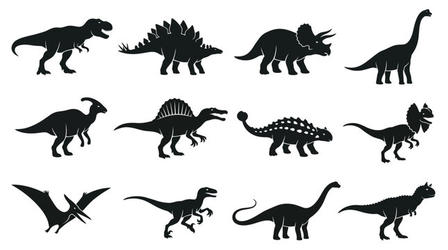 Black Dinosaur Silhouette Vector Collection Featuring Twelve Unique Prehistoric Species Including Tyrannosaurus, Stegosaurus, Triceratops, Brachiosaurus, Velociraptor, and Pteranodon for Creative 