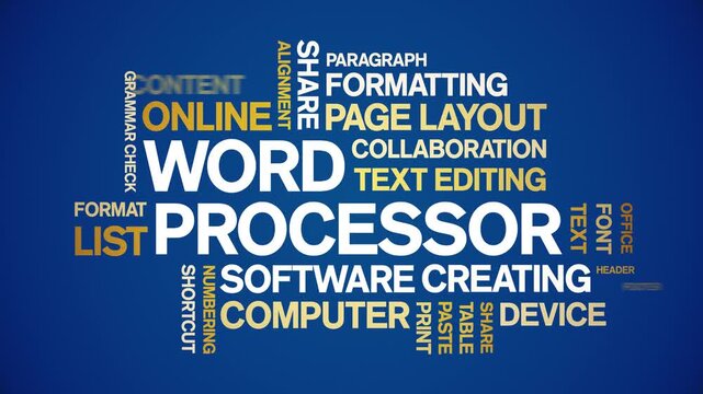 Word Processor animated word cloud-text design animation tag kinetic typography seamless loop.