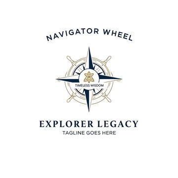 Detailed maritime logo combining a ship's wheel, compass rose, and central star, suited for legacy brands, sailing clubs, or heritage organizations.