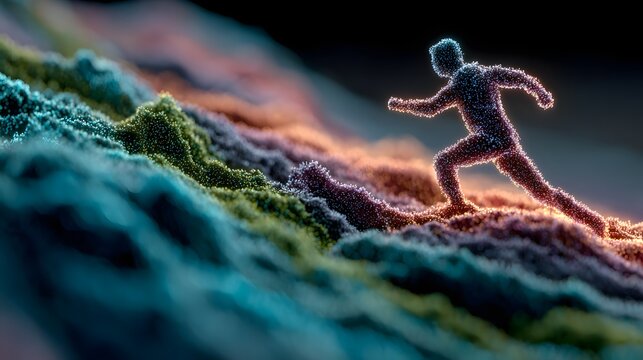 Glowing human figure made of digital particles running on abstract landscape