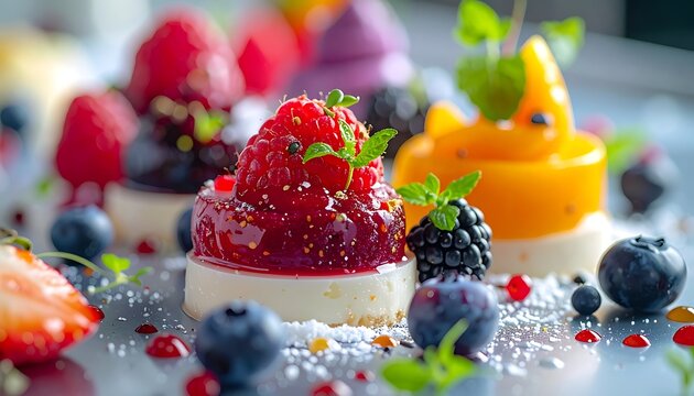 A colorful arrangement of desserts and fresh berries on a surface