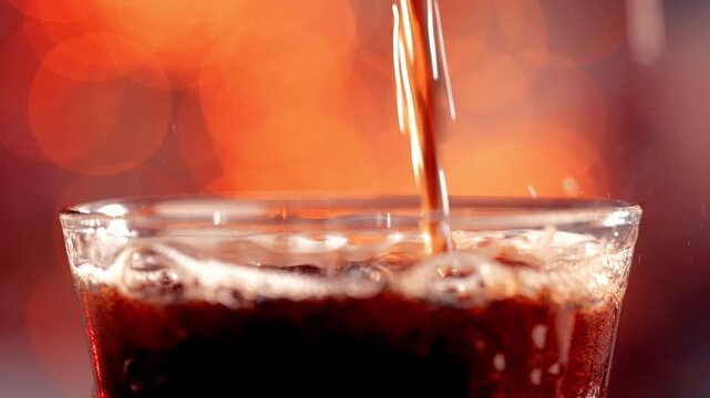 Slow motion pouring dark carbonated soda into glass with fizzy bubbles and orange bokeh background.