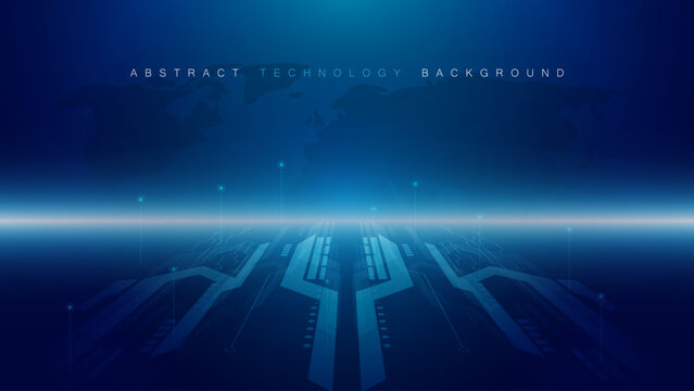 Abstract technology background with digital circuit perspective and world map
