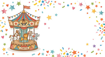 Obraz premium This vector shows a whimsical circus carousel with animals like a lion and elephant, framed by festive confetti and colorful stars.