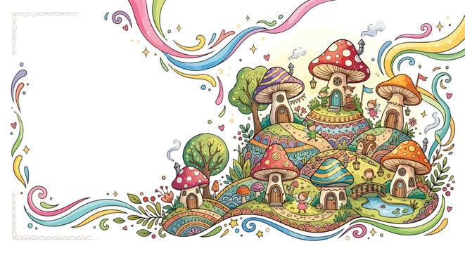 A whimsical vector illustration showcasing a vibrant mushroom village inhabited by tiny creatures amidst magical rainbows and swirling patterns.