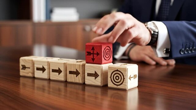 Business executive sets target cube on top of direction blocks to illustrate business strategy