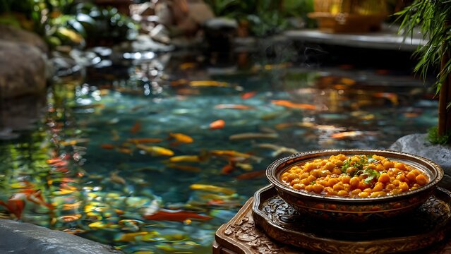 Colorful koi fish swimming in tranquil pond with lily pads.