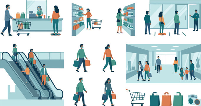 People Wearing Face Masks Shopping in Supermarket and Mall with Social Distancing Vector Flat Illustration Set for Safe Retail Business Concept