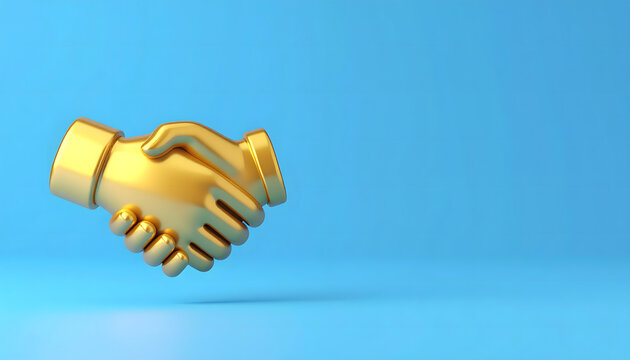 3D golden handshake icon on solid corporate blue background business partnership concept