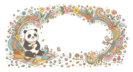 Fototapeta premium A whimsical illustration of a smiling panda enjoying a picnic under a colorful floral arch filled with intricate doodles and nature elements.