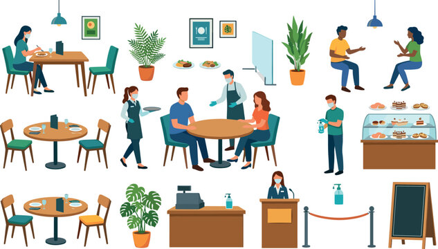 People Wearing Face Masks Dining in Restaurant and Cafe with Social Distancing Vector Flat Illustration Set for Safe Food Service Business