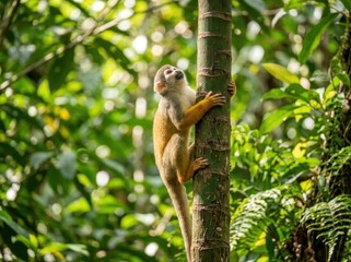 Naklejka premium Agile Squirrel Monkey Clinging to a Tree Trunk in Lush Rainforest Foliage