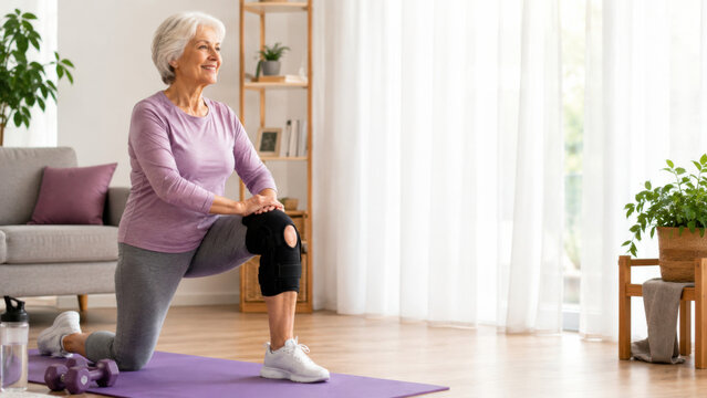 Senior woman doing lunge stretch exercise on purple yoga mat at home wearing knee brace for rehabilitation support in bright living room