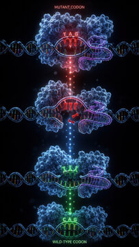 Glowing DNA double helix with molecular protein structure showing gene correction pathway from mutant codon to wild type sequence on dark background