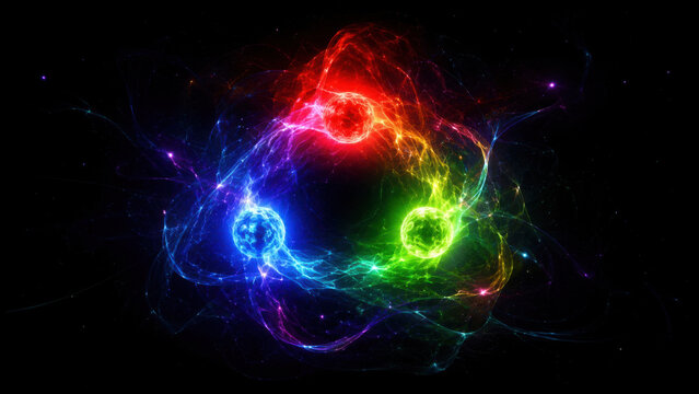 Colorful glowing atomic model with neon plasma tendrils on dark background, featuring luminous orbs bound by energy fields in red, green, and blue hues