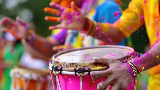 Colorful Drumming Celebration with Bright Powder Paints in a Festive Outdoor Event