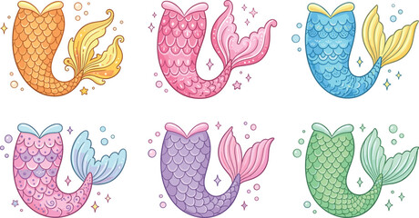 Cute colorful mermaid tails vector illustration set with shiny fish scales and sea bubbles isolated on white background for kids fairytale design © Kuddus