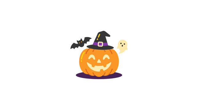 Happy Halloween Pumpkin with Witch Hat, Bat, and Ghost Decoration