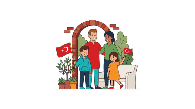 Happy multicultural family with Turkish flags standing near brick arch