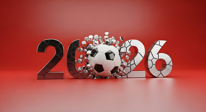 3d render of 2026 text with a soccer ball breaking through the zero on a red background