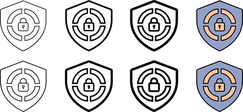 Set of eight shield icons featuring lock symbols for security and protection designs