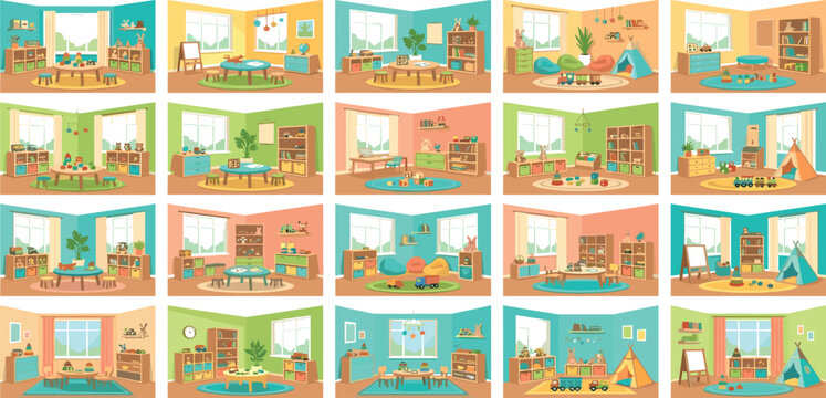 Pixel Art Daycare Playroom and Preschool Classroom Interior Vector Illustration Bundle with Teepee Tents, Activity Tables, Toys, and Learning Corner Backgrounds for Retro Games