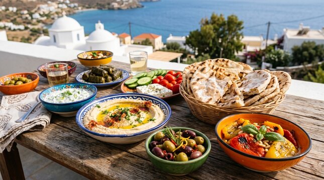 Traditional Greek meze spread on a terrace with ocean view