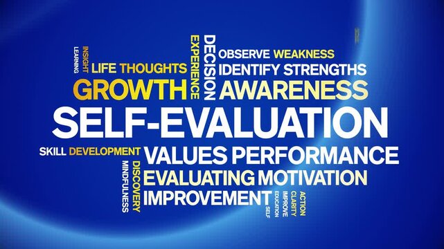 Self-Evaluation animated word cloud-text design animation tag kinetic typography seamless loop.