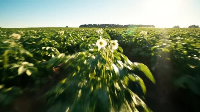 Low angle drone shot flying over a vibrant green potato field on a sunny day with clear blue sky