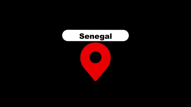 Senegal country location marker animation with red map pin on black background, africa