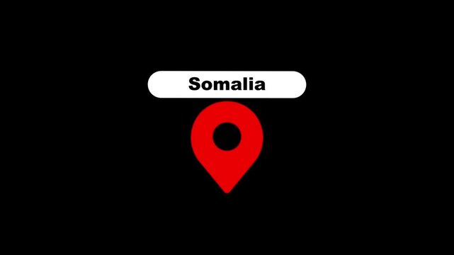 Somalia location pin animation, red map marker with country name label for travel, news, and geographic mapping projects