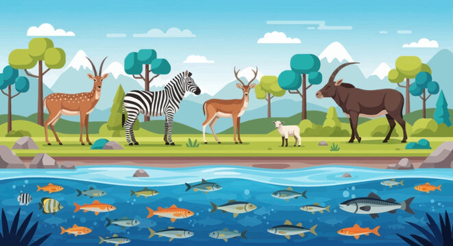 Wildlife landscape with various animals and fish in a river